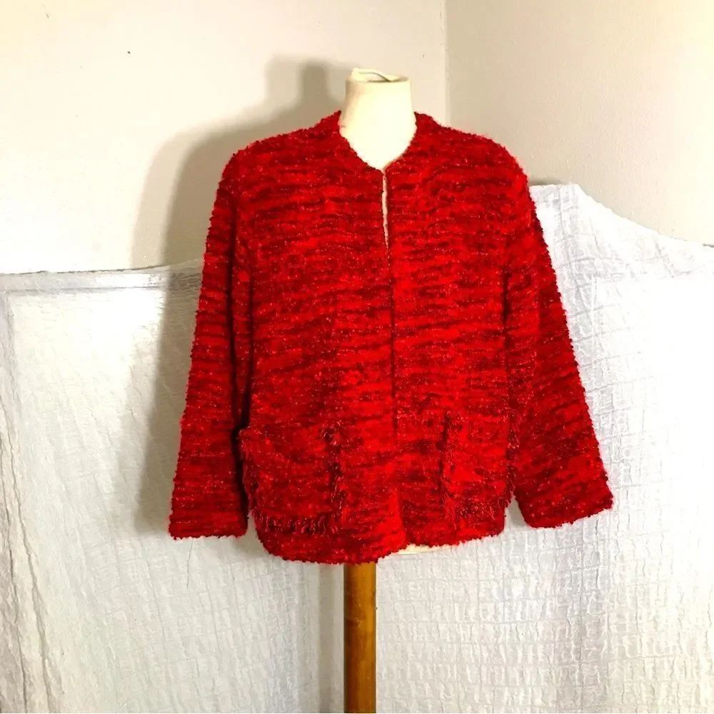 Chicoās Design VtgāRed Soft Tweed Open Sweater Jacket Size 2 ( Lā)